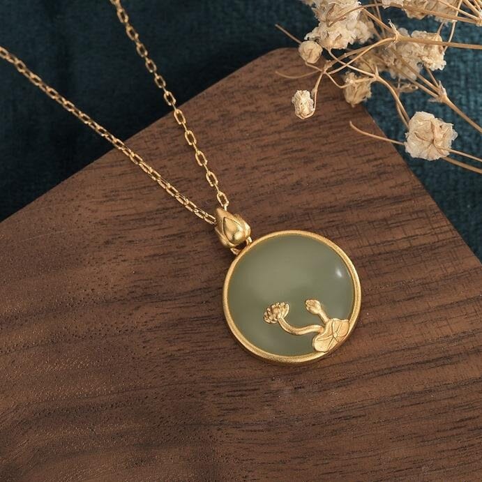 Green Jade Lotus Pendant NecklaceNecklace