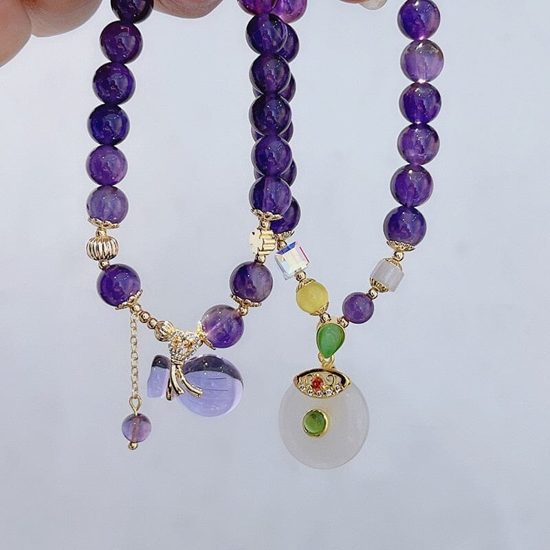 Lucky Bag Round Ring Charm Natural Amethyst Beaded BraceletBracelet