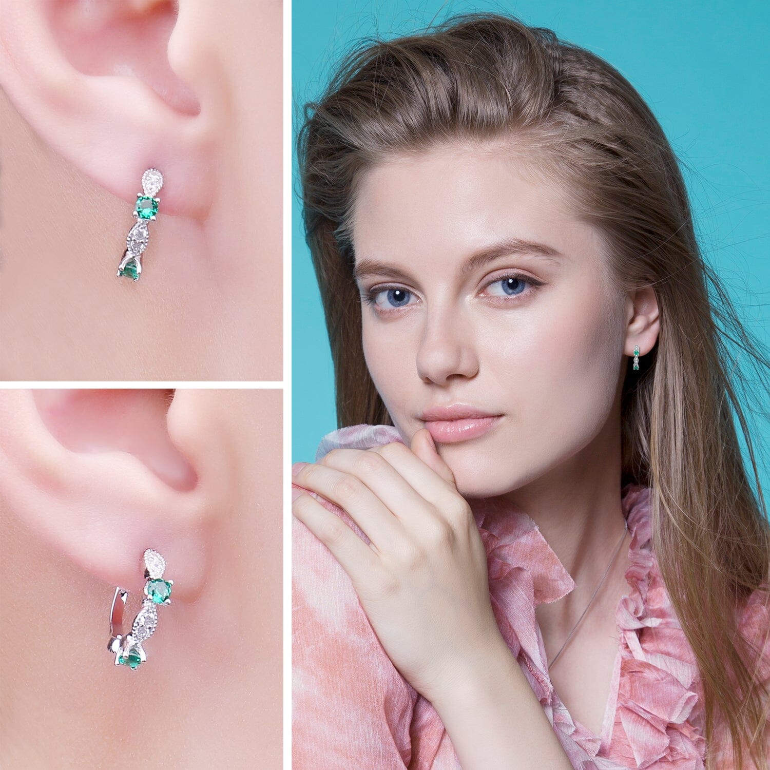 3 Stone Emerald Earrings - 925 Sterling SilverEarrings
