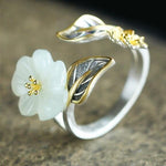 White Hetian Jade Flower Ring - 925 Sterling SilverRing