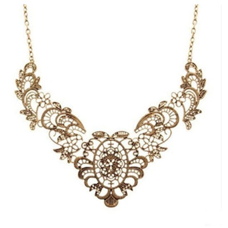 European Vintage Luxurious Bronze Lace Flower Chain Choker NecklaceNecklace