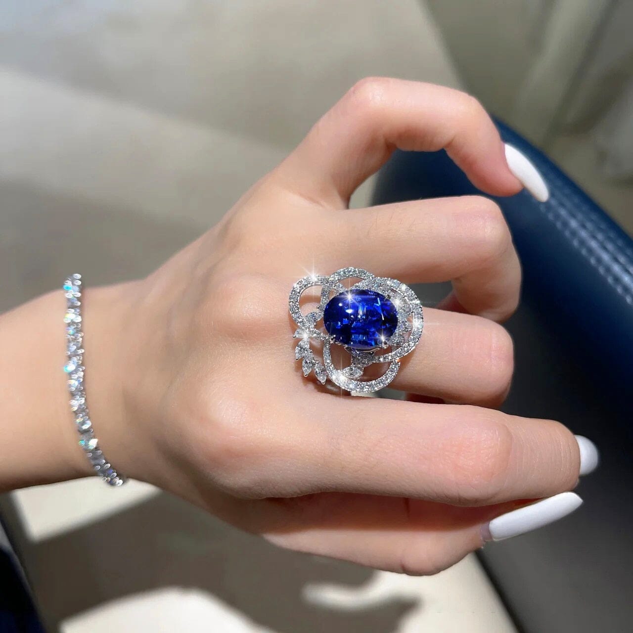 Luxury Oval Blue Flower Sapphire Resizable RingRing
