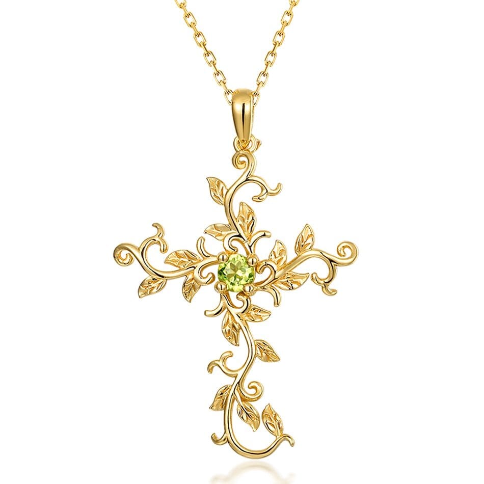 Cross Vine Flower Peridot Pendant Necklace- 925 Sterling SilverNecklace