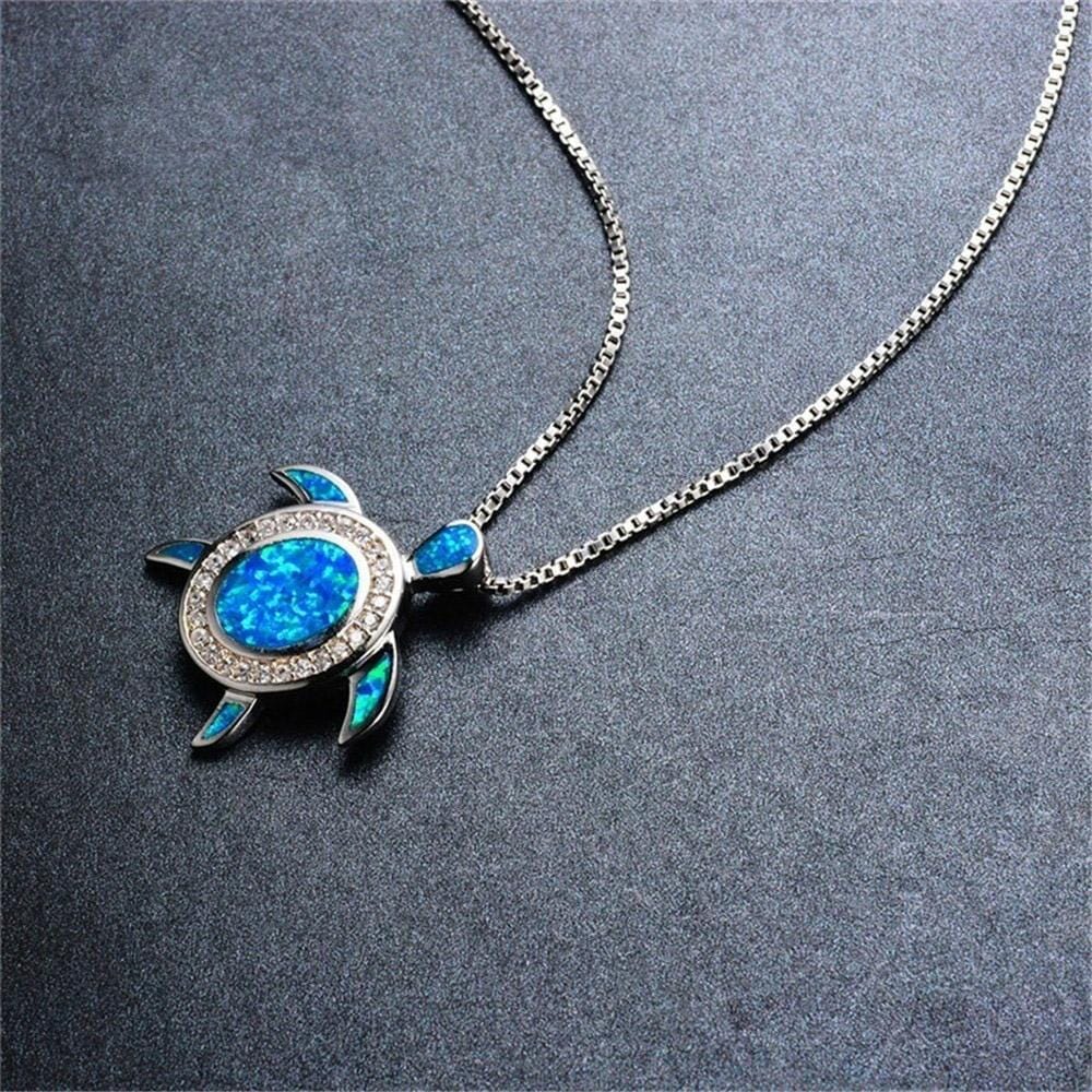 Blue Fire Opal Silver Turtle Pendant NecklaceNecklace