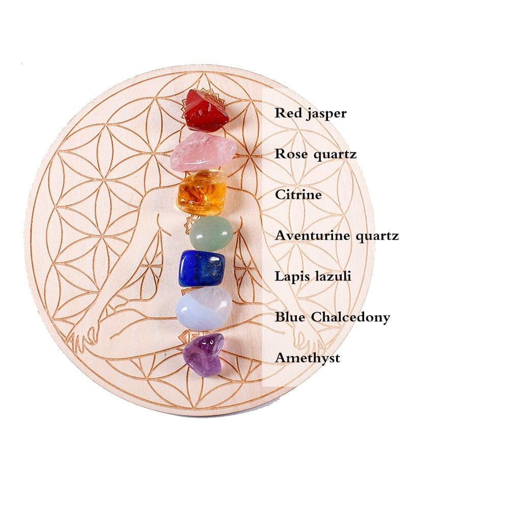 Natural Seven Chakra Healing Stone + Seven Star Array Wood PlateRaw Stone