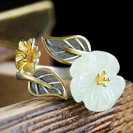 White Hetian Jade Flower Ring - 925 Sterling SilverRing