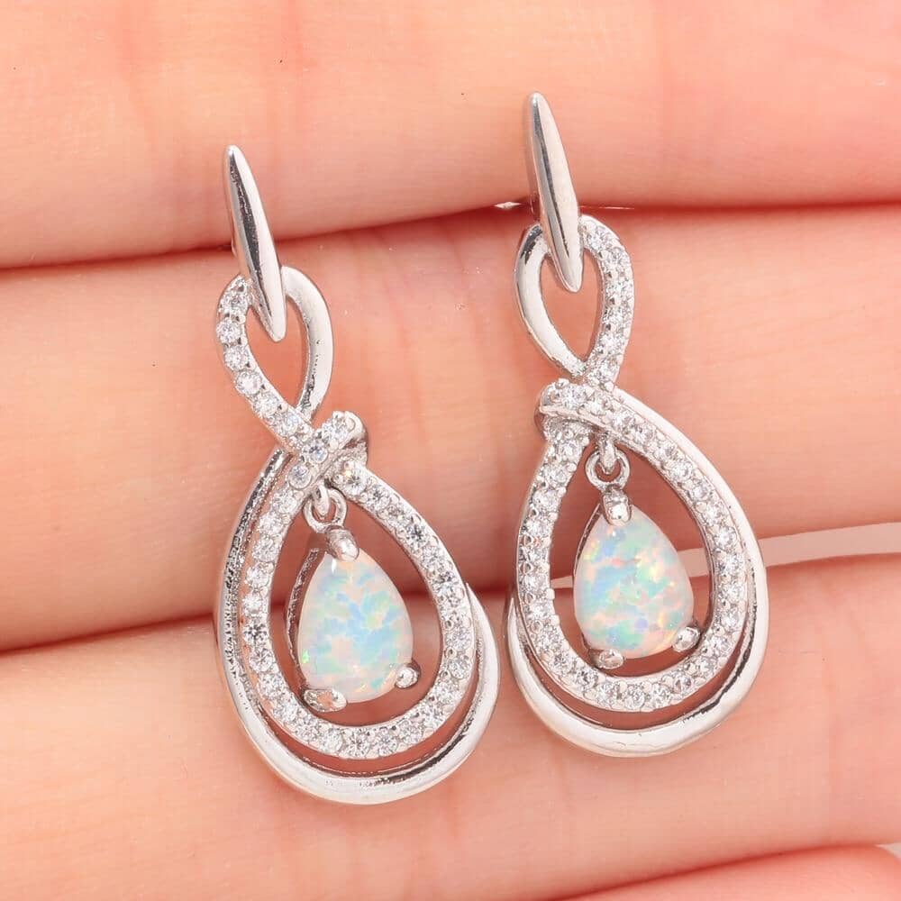 Blue & White Fire Opal Water Drop EarringsEarrings