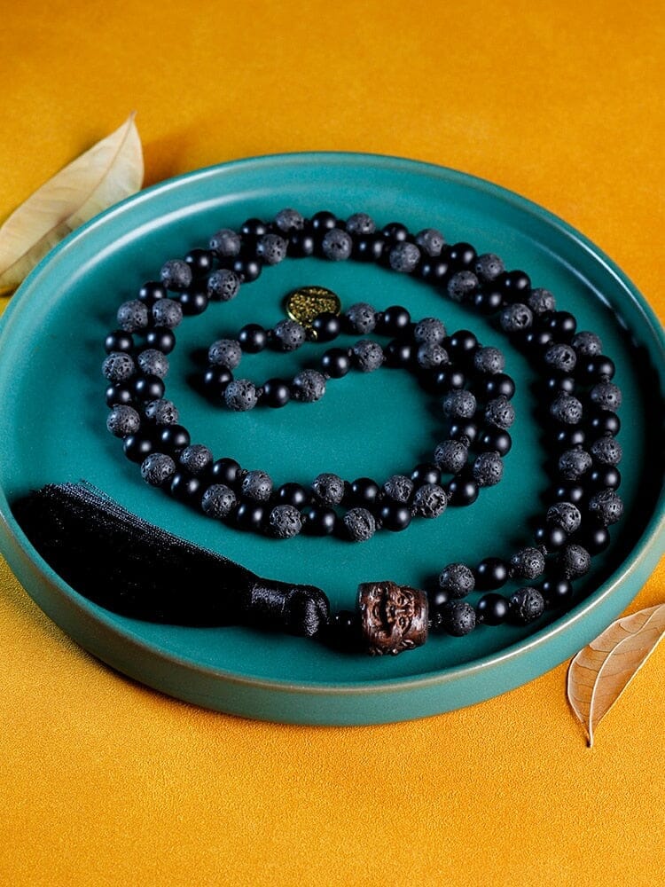 Mala Beaded Necklace Volcanic Stone Black Onyx Tassel Knotted NecklaceNecklace