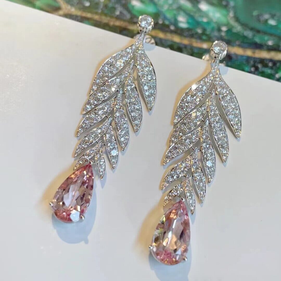 Original Elegant Leaf Fashion Zircon Pink Sapphire Earrings - 925 Sterling SilverEarrings