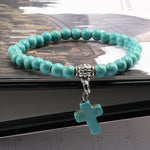 WWJD Vintage Cross Natural Stone 6mm Beads BraceletBraceletBlue17cm