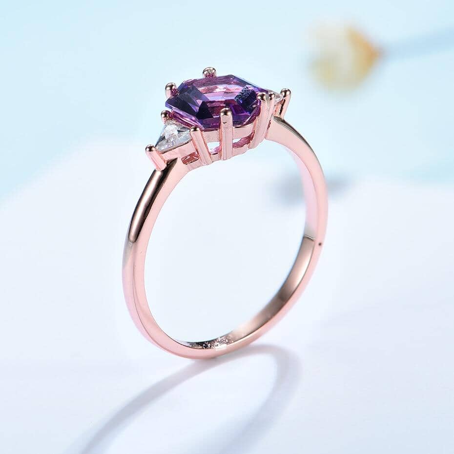 Amethyst White Topaz Hexagon Rose Gold RingRing