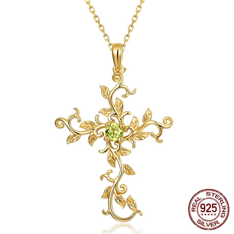 Cross Vine Flower Peridot Pendant Necklace- 925 Sterling SilverNecklace
