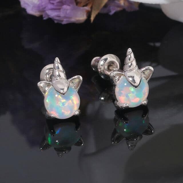 White Fire Opal Unicorn Stud EarringsEarrings