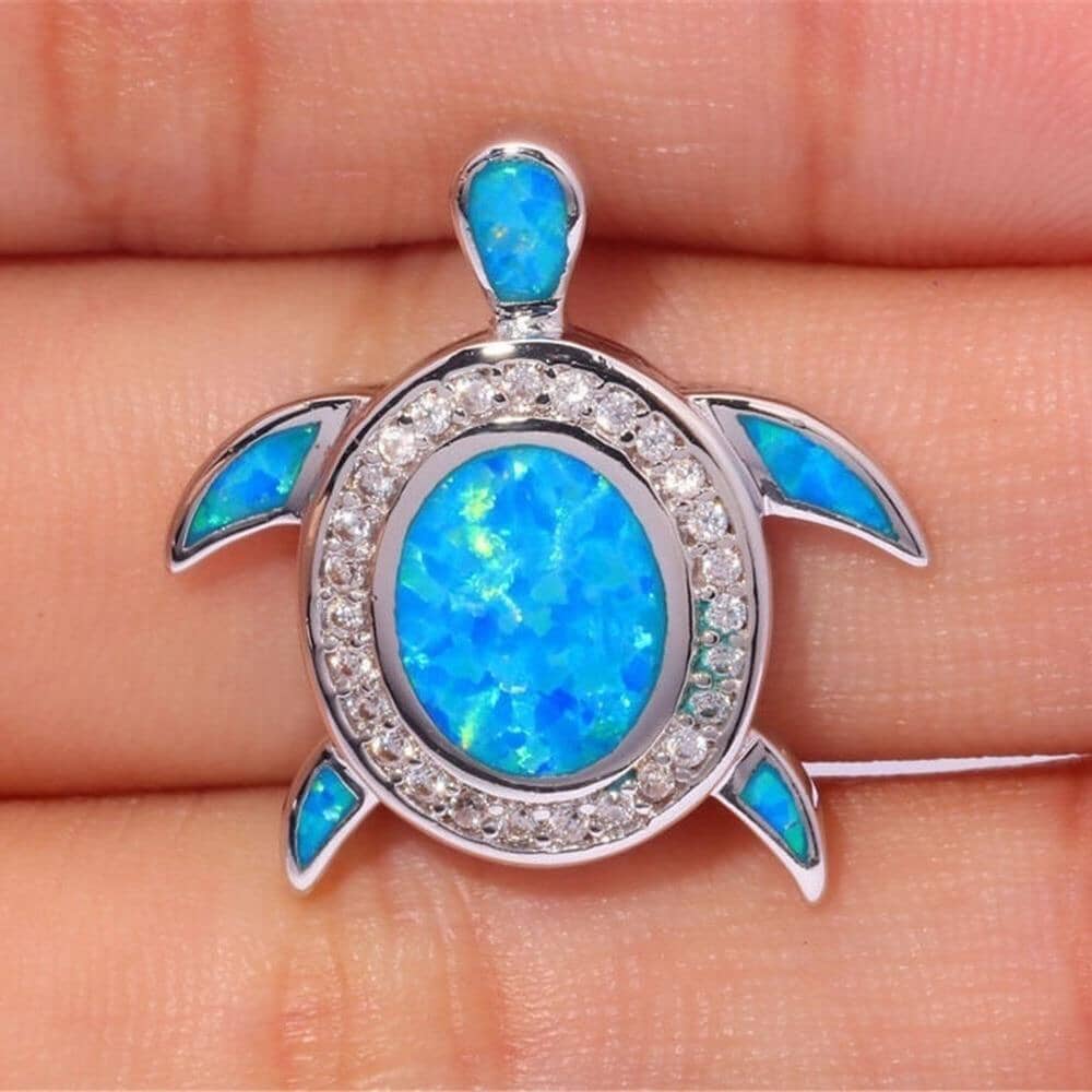 Blue Fire Opal Silver Turtle Pendant NecklaceNecklace