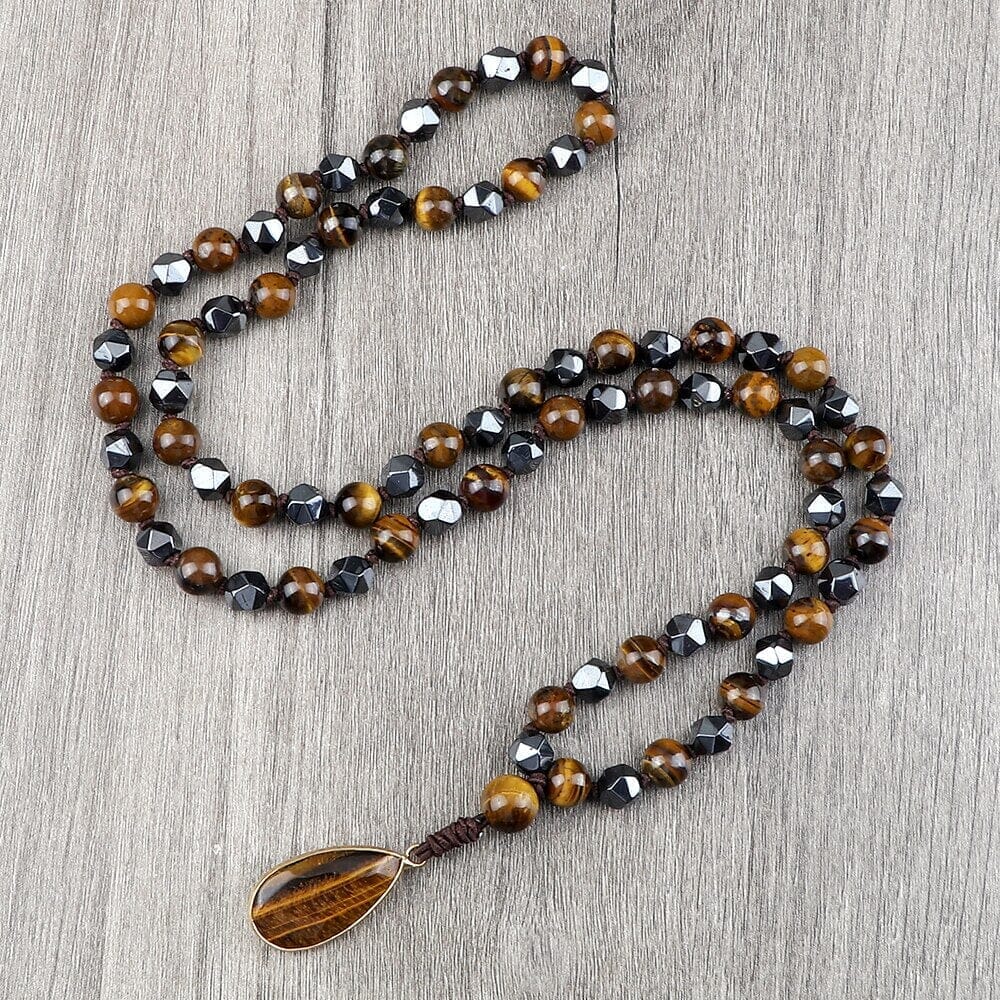 8mm Tiger Eye Stone Necklace Drop Pendant Handmade Knotted Irregular Hematite Beaded NecklaceNecklaceIrregular Hematite