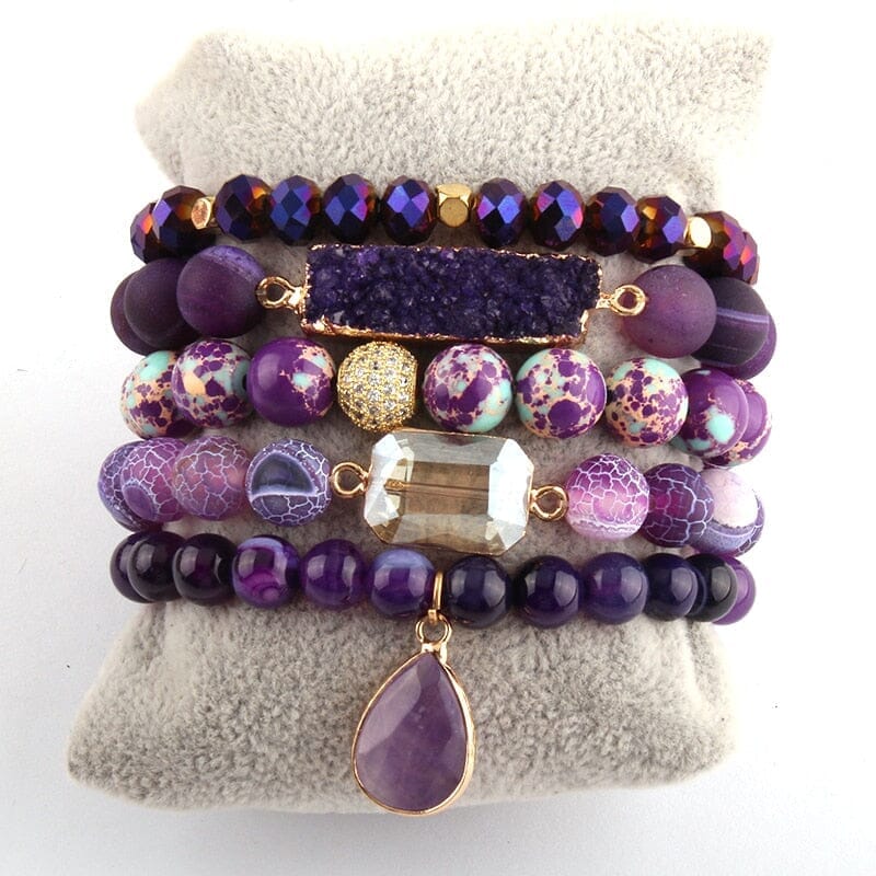 Charms 5pc Bracelet Set Fashion Designer Amethyst StoneBraceletPurple18.5cm