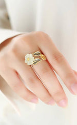 White Hetian Jade Flower Ring - 925 Sterling SilverRing