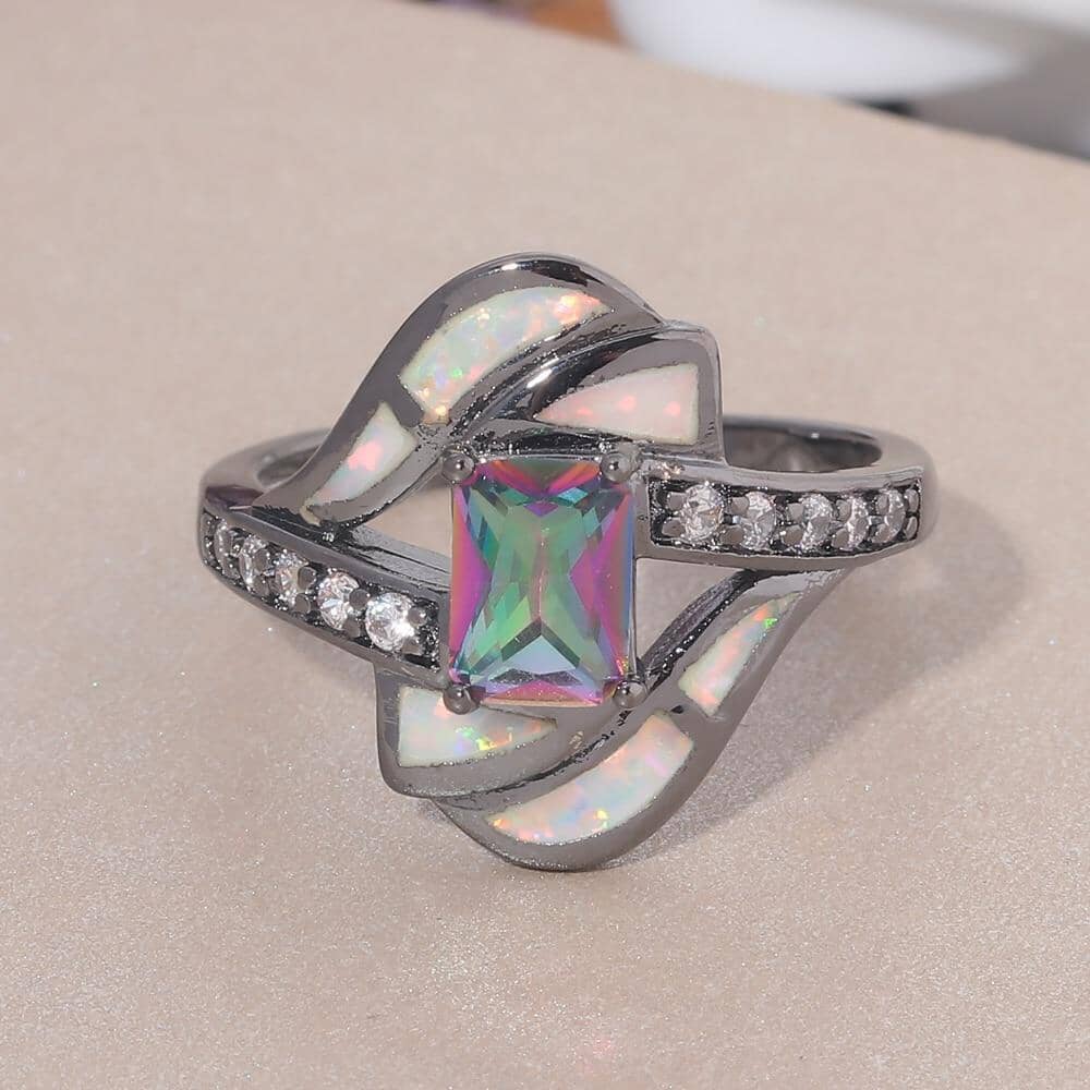 Rainbow Mystic Topaz and White Fire Opal Geometric RingRing