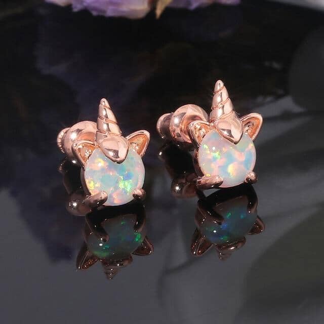 White Fire Opal Unicorn Stud EarringsEarringsRose Gold