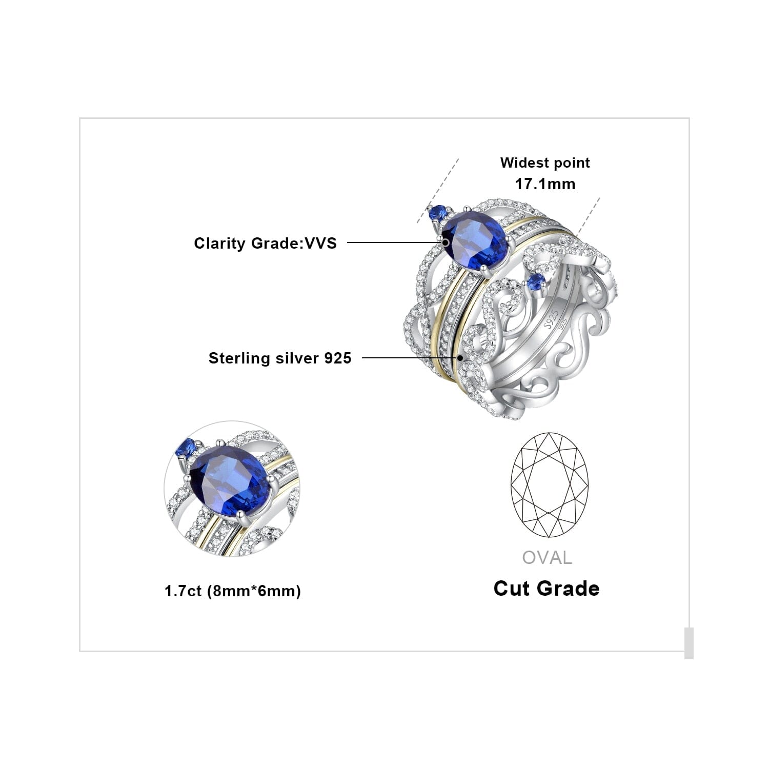 3pcs Luxury Crown Sapphire Ring - 925 Sterling SilverRing