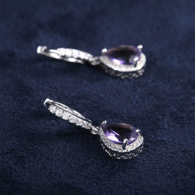 Water Drop Shaped Amethyst Earrings - 925 Sterling SilverEarrings