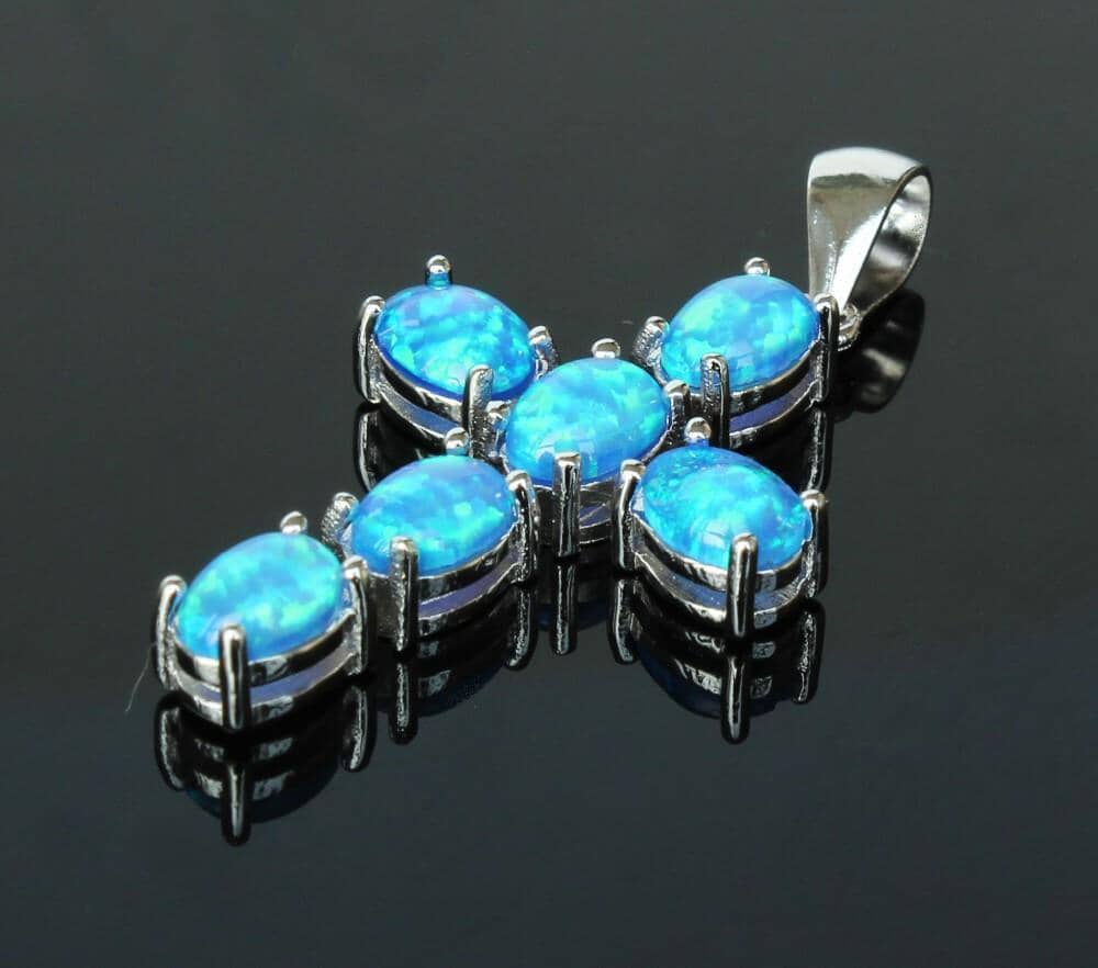 White & Blue Fire Opal Cross PendantNecklace