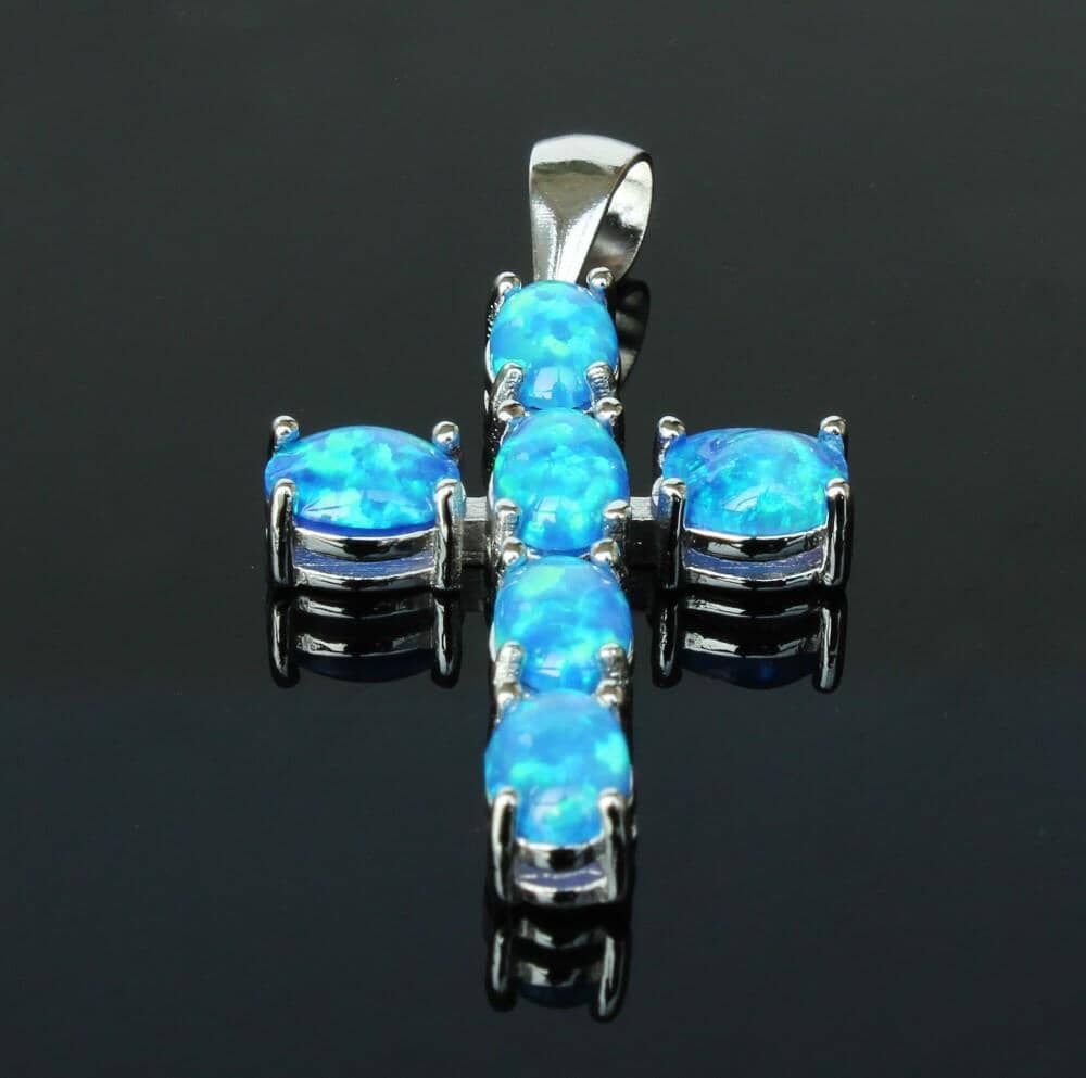 White & Blue Fire Opal Cross PendantNecklace