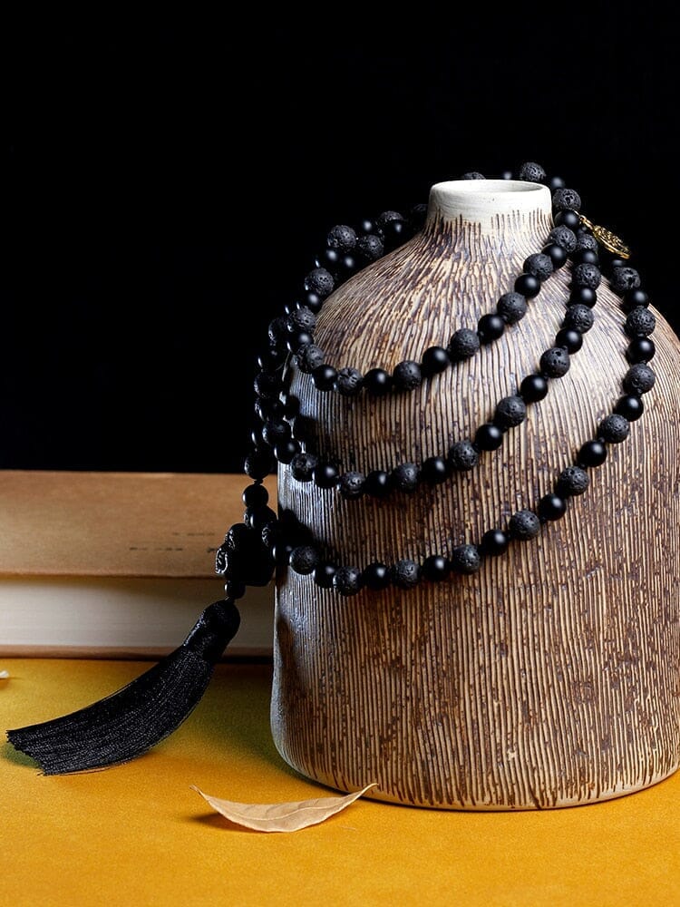 Mala Beaded Necklace Volcanic Stone Black Onyx Tassel Knotted NecklaceNecklace