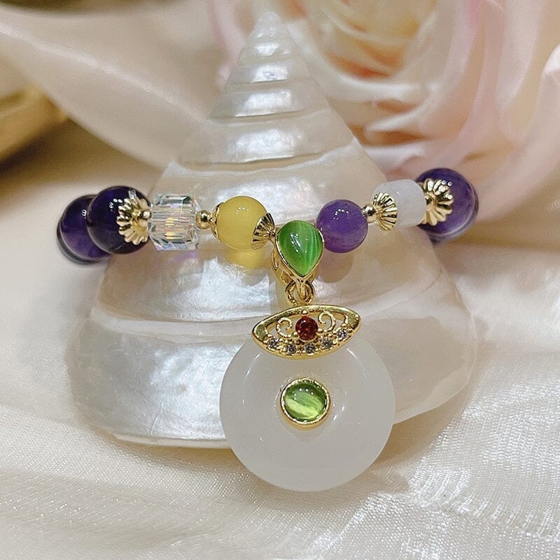 Lucky Bag Round Ring Charm Natural Amethyst Beaded BraceletBracelet