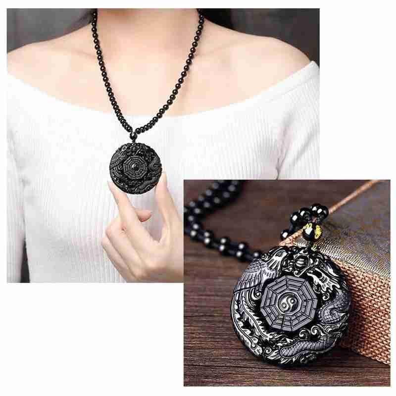 Natural Black Obsidian Hand Carved Chinese Dragon Phoenix BaGua Lucky AmuletNecklace