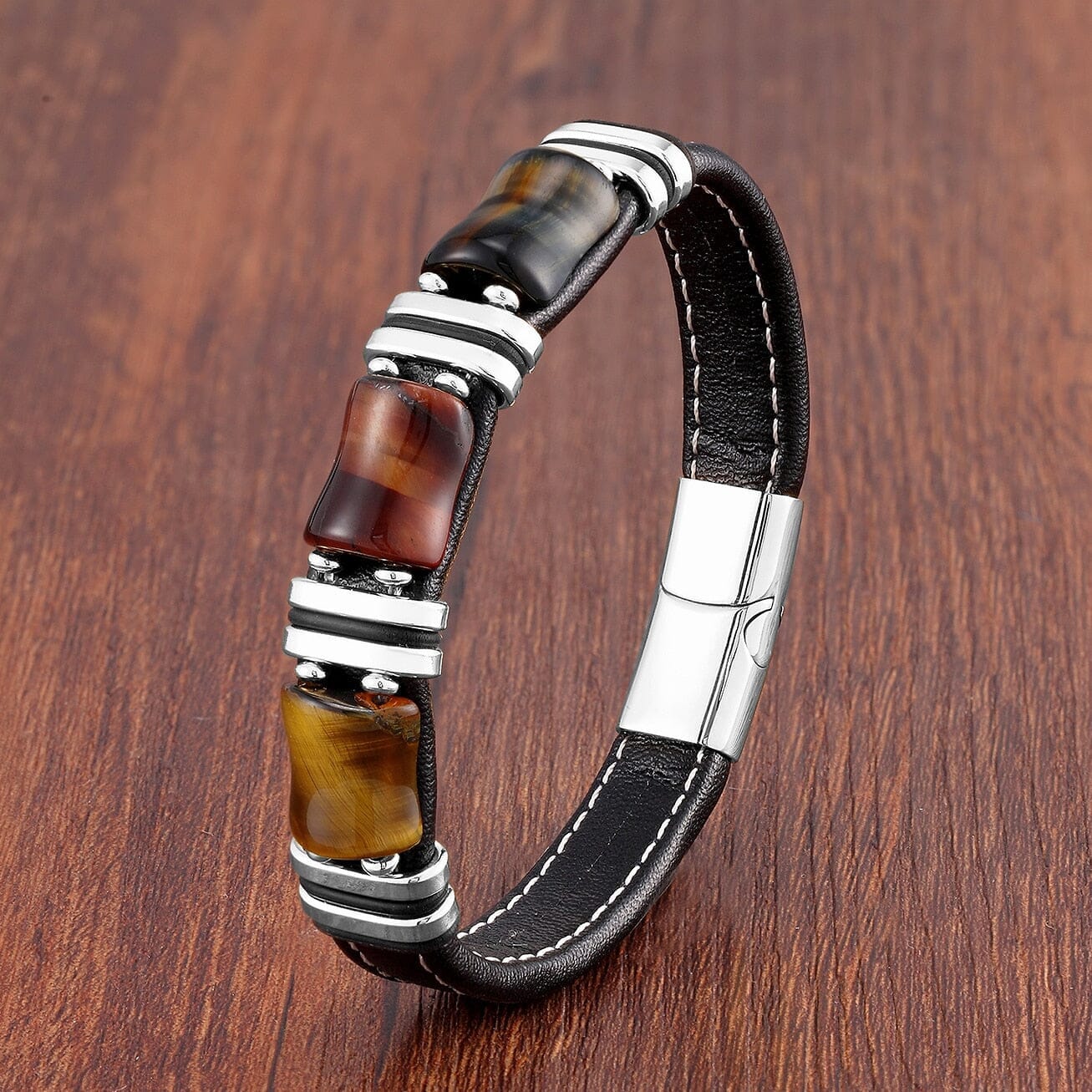 Natural Tiger Eye Stone Bracelet in Black Leather Rope ChainBraceletSilver-Mixed Tiger19cm
