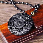 Natural Black Obsidian Hand Carved Chinese Dragon Phoenix BaGua Lucky AmuletNecklace