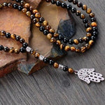 Tiger Eye & Onyx Beads with Hamsa / Fatima Hand Necklace for MenNecklace