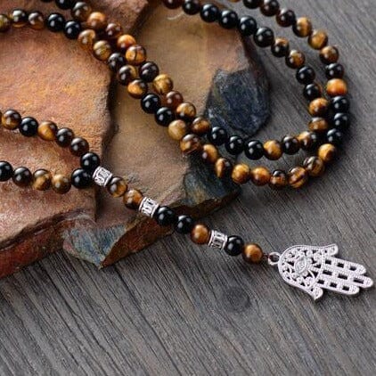 Tiger Eye & Onyx Beads with Hamsa / Fatima Hand Necklace for MenNecklace