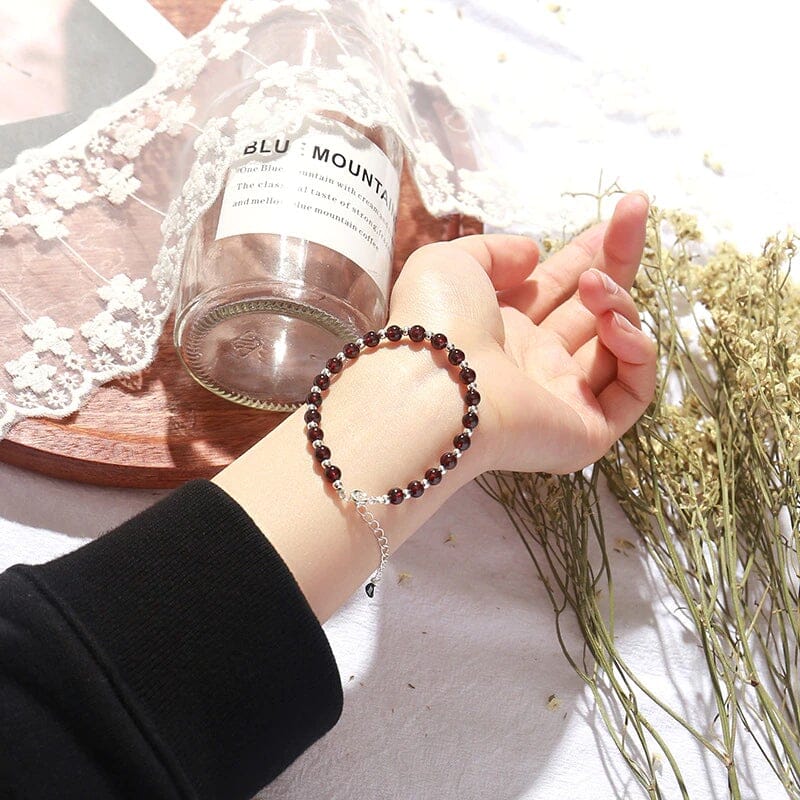 Small Garnet Bead Bracelet - 925 Sterling SilverBracelet