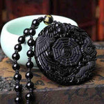 Natural Black Obsidian Hand Carved Chinese Dragon Phoenix BaGua Lucky AmuletNecklace