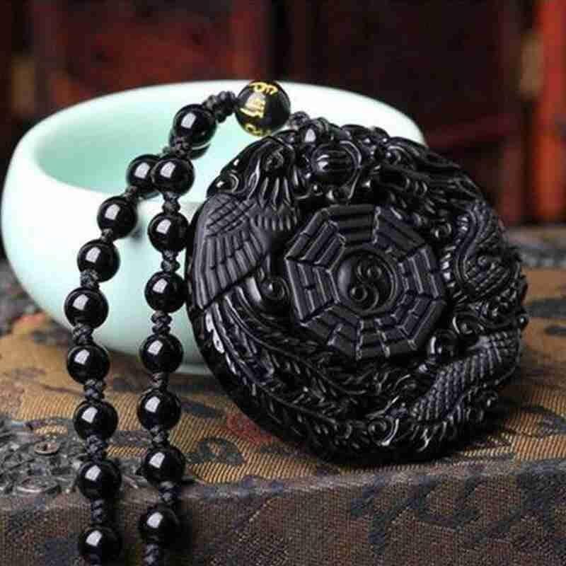 Natural Black Obsidian Hand Carved Chinese Dragon Phoenix BaGua Lucky AmuletNecklace