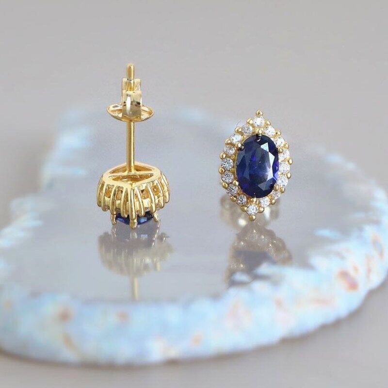 Halo Princess Sapphire Stud Earrings - 925 Sterling SilverEarrings