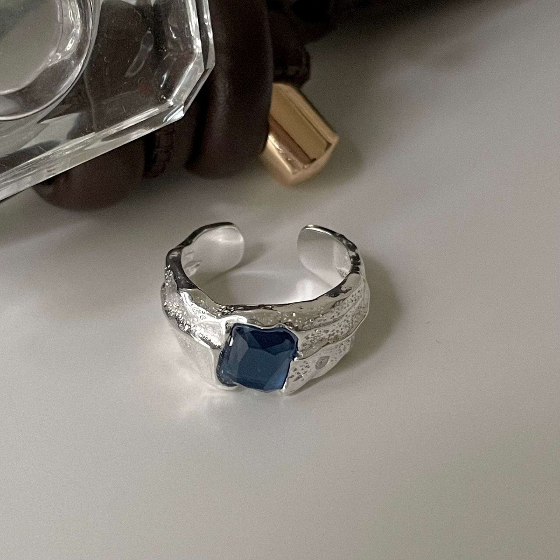 Authentic Square Blue Sapphire Irregular Ring - S925 Sterling SilverRing