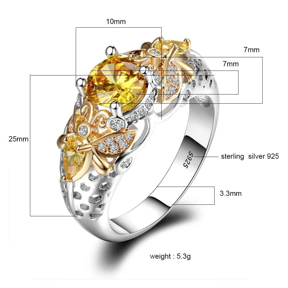 Yellow Citrine Bee Ring - 925 Sterling SilverRing