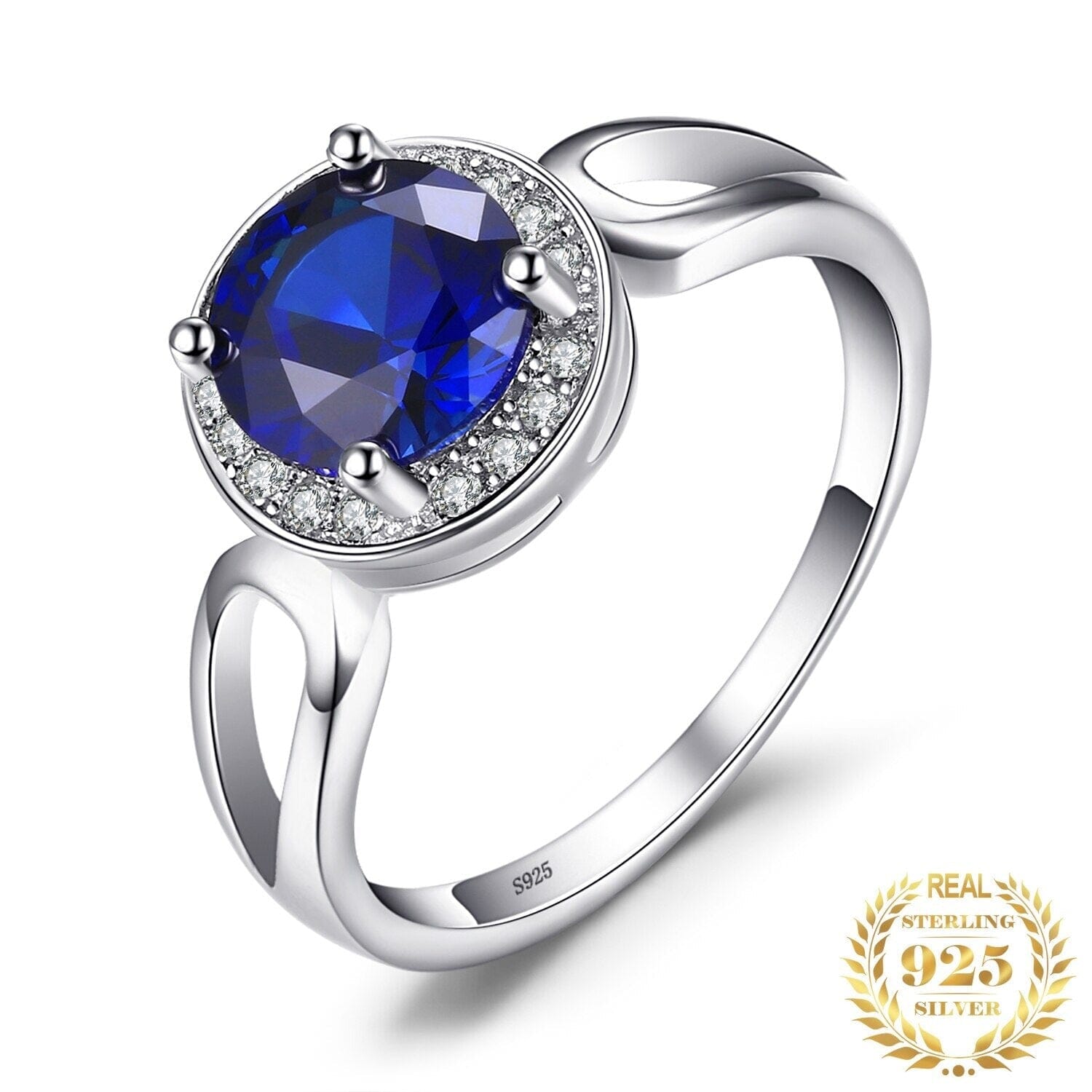Fashion 1.8ct Created Blue Sapphire Halo Ring - 925 Sterling SilverRing6
