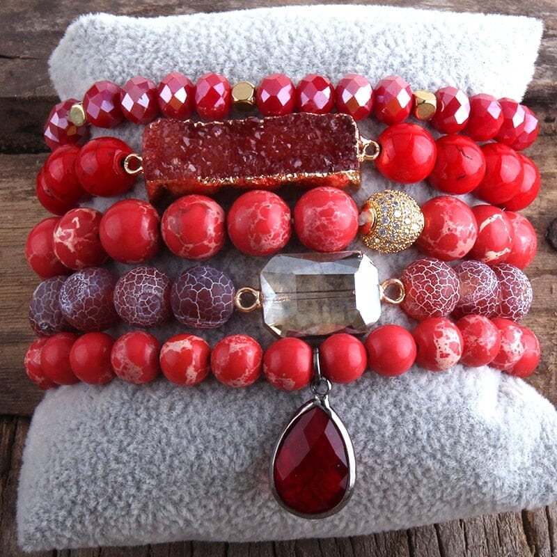 Charms 5pc Bracelet Set Fashion Designer Amethyst StoneBraceletRed18.5cm