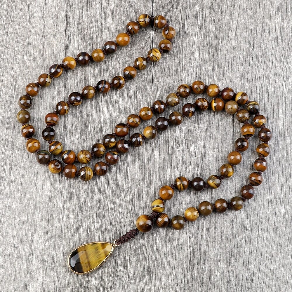 8mm Tiger Eye Stone Necklace Drop Pendant Handmade Knotted Irregular Hematite Beaded NecklaceNecklaceTiger Eye Stone