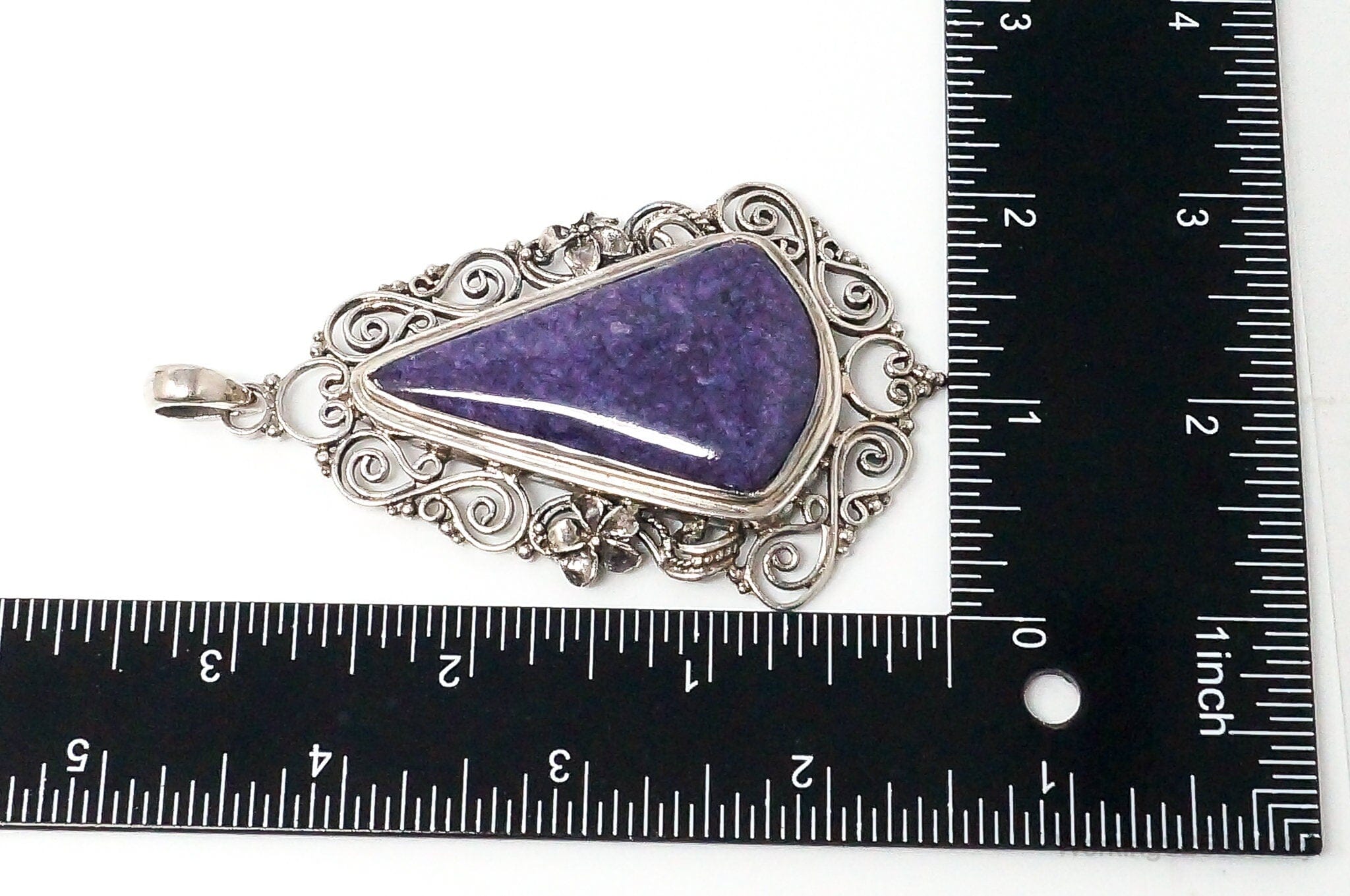 Vintage Purple Charoite Sterling Silver Floral Scroll Statement Necklace PendantJewelry > Necklaces > Pendants