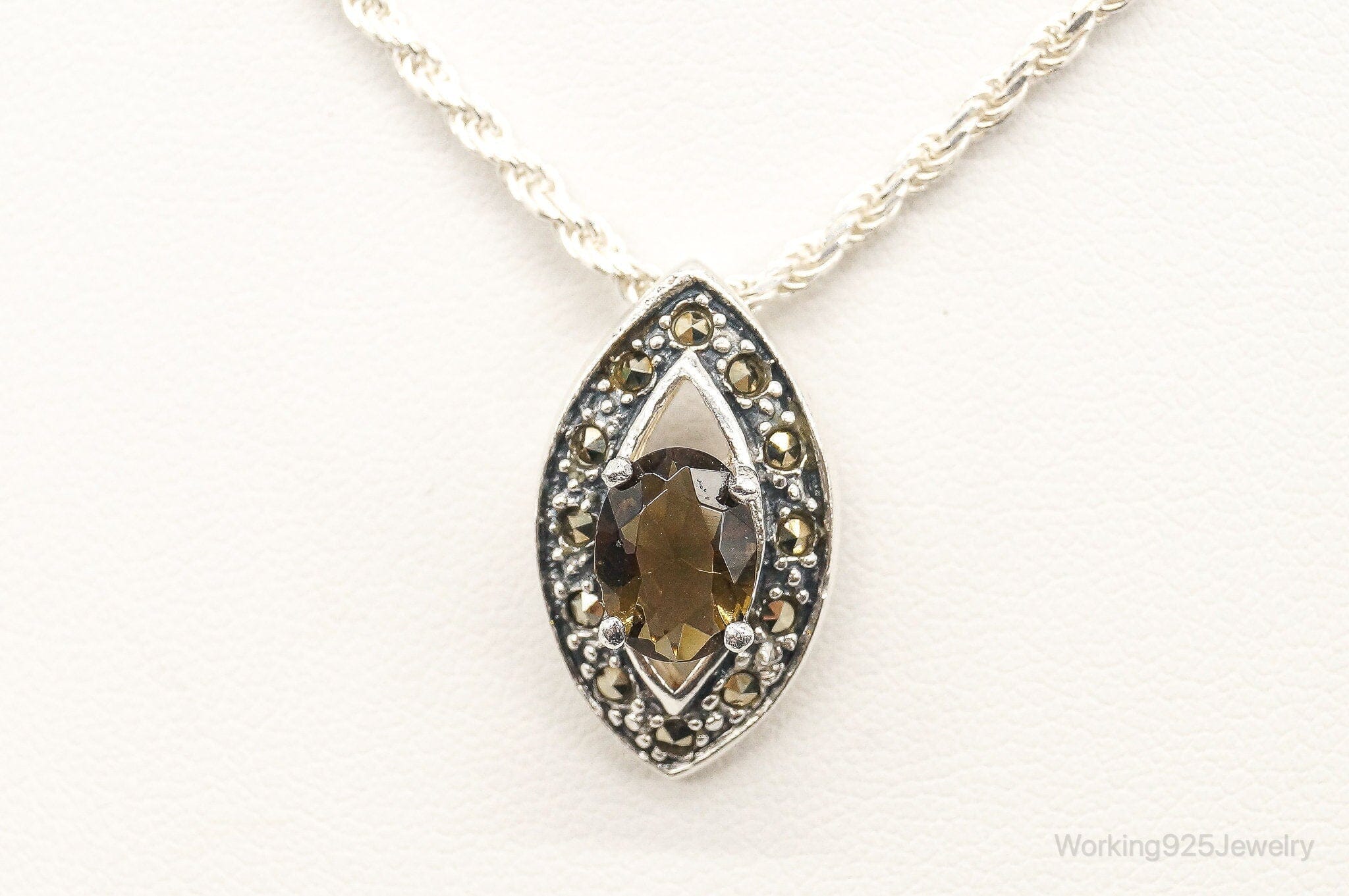 Vintage Smoky Topaz Marcasite Art Deco Sterling Silver NecklaceJewelry > Necklaces > Pendants