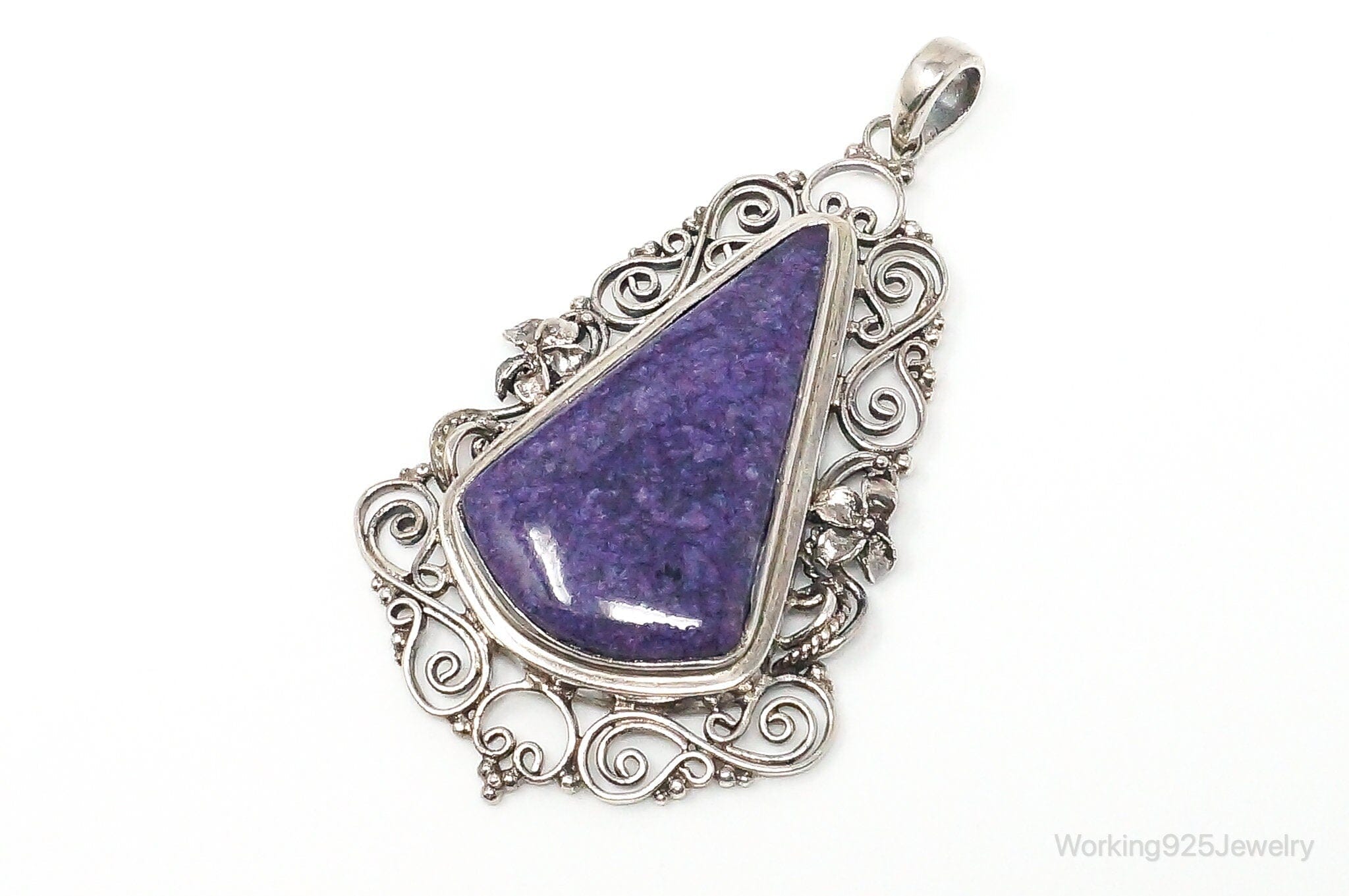 Vintage Purple Charoite Sterling Silver Floral Scroll Statement Necklace PendantJewelry > Necklaces > Pendants