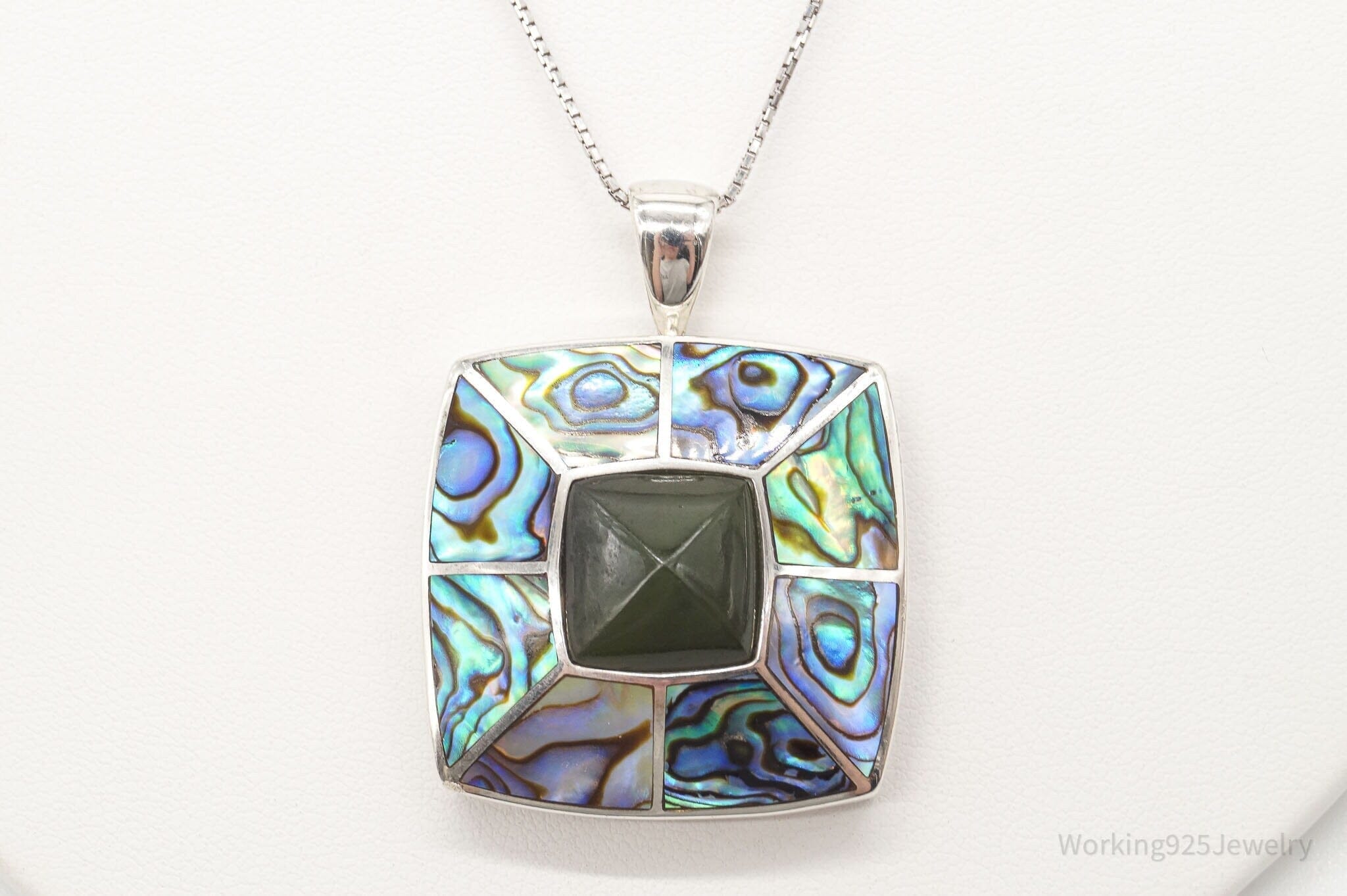 Vintage Paua Abalone Shell Green Stone Sterling Silver NecklaceJewelry > Necklaces > Pendants