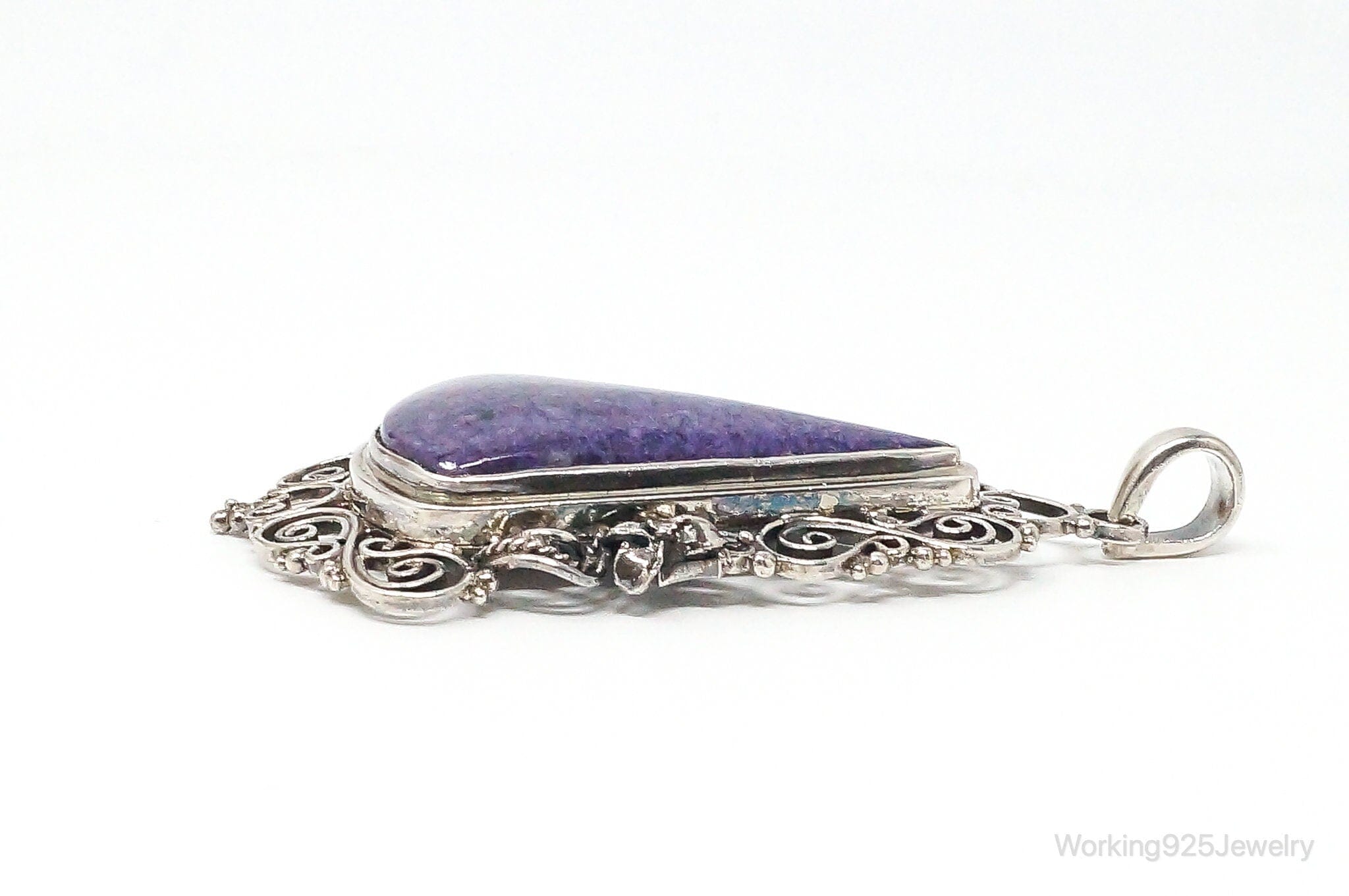 Vintage Purple Charoite Sterling Silver Floral Scroll Statement Necklace PendantJewelry > Necklaces > Pendants
