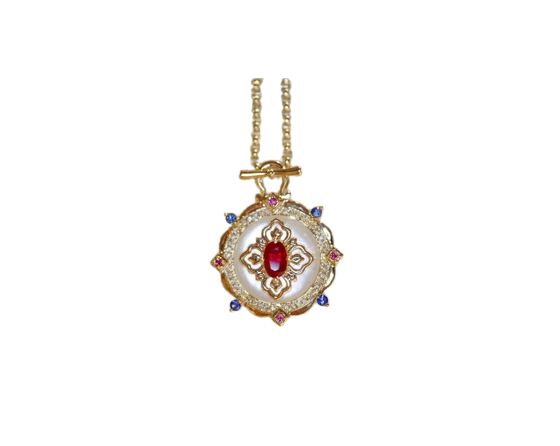 Retro Red Crystal Natural White Shell Stone Pendant NecklaceNecklace