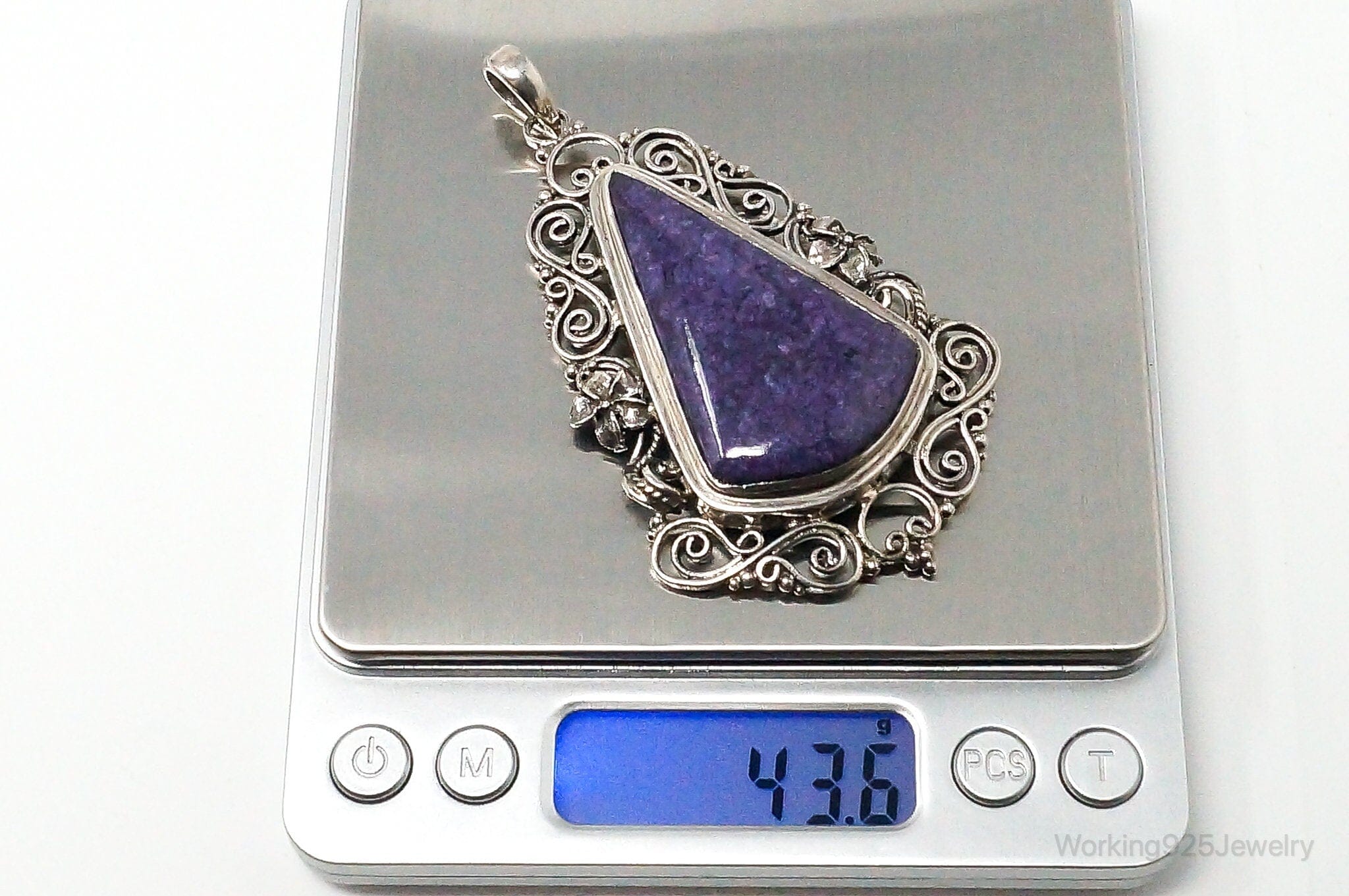 Vintage Purple Charoite Sterling Silver Floral Scroll Statement Necklace PendantJewelry > Necklaces > Pendants